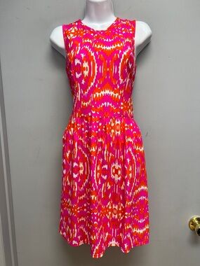 Jude Connally Pink Orange Ikat Print Sleeveless Dress Stretch Knit Size S